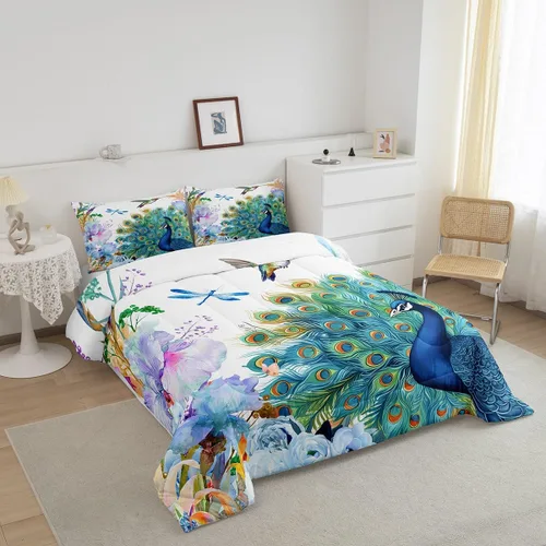 Miniatura 2 de Juego de edredón de plumas de pavo real, colibrí, libélula y libélula, juego de ropa de cama con patrón de flores y pájaros para niñas y mujeres