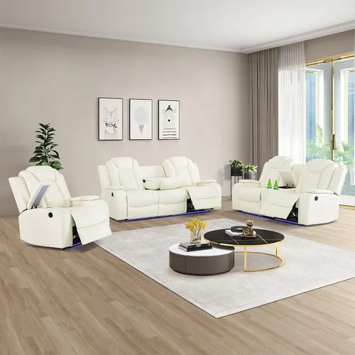 Miniatura 9 de Juego de sofá reclinable eléctrico con LED, juego de sofá de cuero transpirable para sala de estar, juego de sofá reclinable con puerto USB, Negro