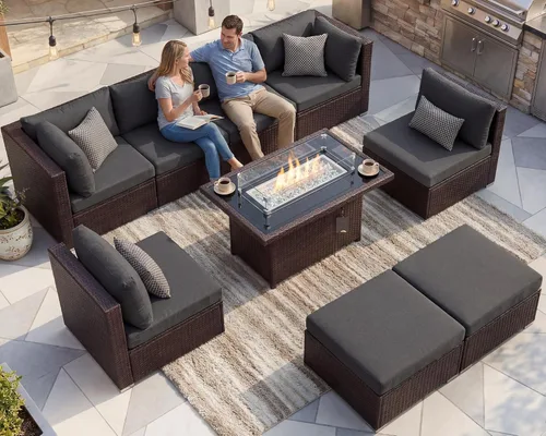 Miniatura 135 de NICESOUL Juego de muebles de patio para exteriores de 7 piezas con mesa para hoguera, gas natural y propano convertible, respaldo alto de 29.3