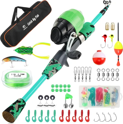 Miniatura 10 de Juego de caña de pescar para niños, caña de pescar telescópica portátil y carrete combo completo para niños, niñas, principiantes, jóvenes Naranja