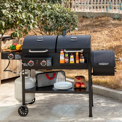 Miniatura 3 de Parrilla de gas y carbón combinada de 2 quemadores con ahumador lateral y quemador lateral, parrilla de combustible dual de 34.000 BTU, área