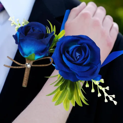 Miniatura 5 de Aoriher Juego de 4 ramilletes y boutonniere para fiesta de boda, 2 pulseras de ramillete de rosas para baile de graduación, dama de honor, Azul