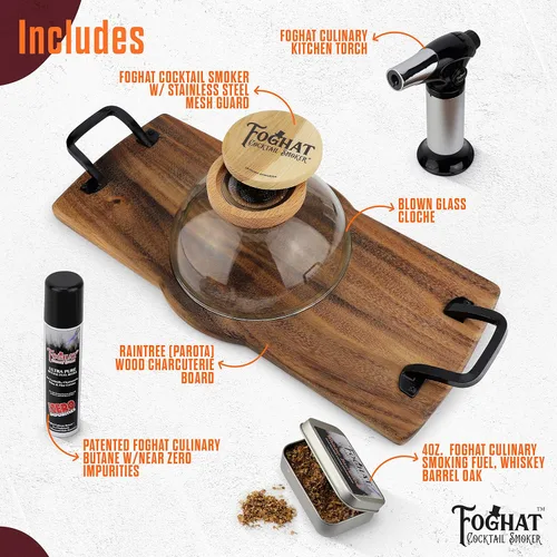 Miniatura 2 de Foghat - Juego de charcutería para ahumar cóctel con Cloche, tabla, barril de whisky bourbon, roble culinario, virutas de madera y antorcha