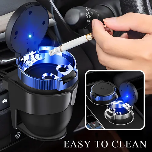 Miniatura 6 de Ohleats Cenicero de coche con tapa, cenicero desmontable de acero inoxidable con luz LED azul, cenicero portátil mini para vehículo, portavasos