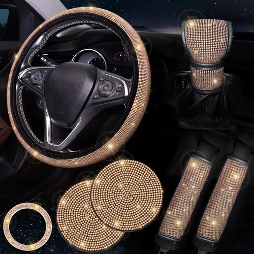 Miniatura 11 de ToBeQueen Juego de fundas para volante brillantes de 15 pulgadas, paquete de 7 piezas con accesorios de diamantes de imitación y cristales