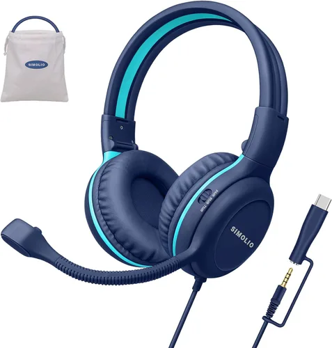 Miniatura 14 de SIMOLIO Audífonos para niños con micrófono para la escuela, auriculares con cable de 75/85/94 dB con micrófono retráctil para iPad, PC, laptop