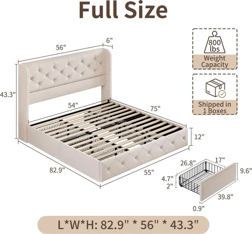Miniatura 2 de BRELTAM Marco de cama tamaño completo con cajones de almacenamiento y cabecero con respaldo alado tapizado en lino, marco de cama tipo plataforma