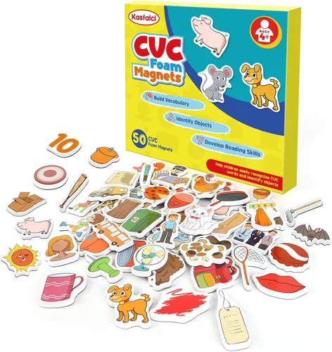 Kasfalci Juegos de palabras CVC, 50 objetos de espuma magnética, imanes de nevera para niños, juguetes de terapia del habla para niños pequeños,