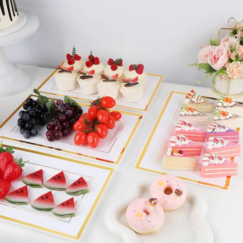 Miniatura 4 de Mwellewm 12 bandejas de plástico blanco para servir con borde dorado, bandejas rectangulares de postre de 14 x 9 pulgadas para mesa de postre