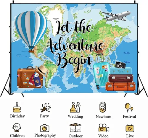 Miniatura 5 de Let The Adventure Begin - Fondo de fotografía de fondo de gira mundial, mapa, maleta de avión, decoraciones de fiesta de cumpleaños, globo