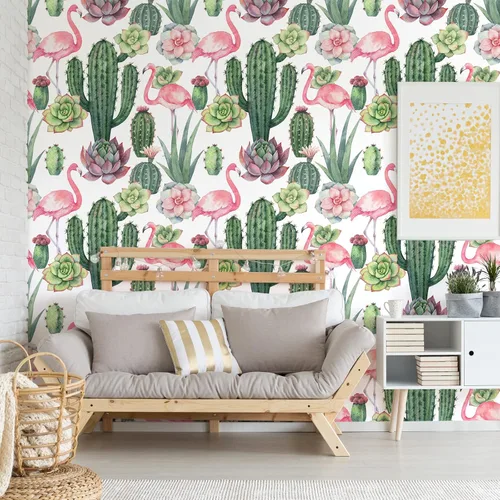 Miniatura 2 de VEELIKE Flamingos Cactus - Papel tapiz autoadhesivo para despegar y pegar de 17.7 x 118 pulgadas, diseño floral suculento verde tropical