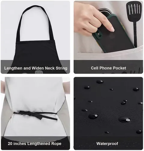 Miniatura 3 de Paquete de 2 delantales de cocina con toallita de mano, resistente a las gotas de agua con 2 bolsillos, delantales de cocina para mujeres y hombres