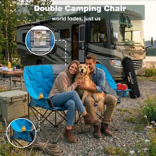 Miniatura 7 de SUNNYFEEL Silla Plegable Doble de Camping, Silla Loveseat Sobredimensionada, Silla de Césped Portátil/Plegable Resistente con Almacenamiento