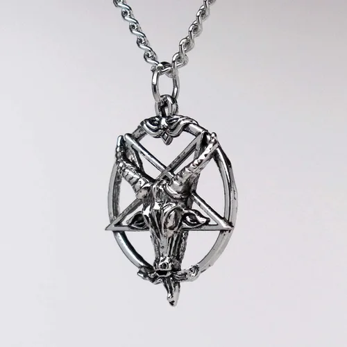 Miniatura 6 de Real Metal Baphomet - Collar con dije de cabeza de cabra satánica invertida con acabado plateado de una pulgada Metal