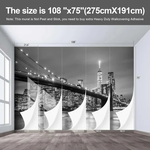 Miniatura 3 de Papel tapiz mural gris de Nueva York del Puente de Brooklyn, papel tapiz mural de paisaje urbano grande para sala de estar y dormitorio - 108"x75