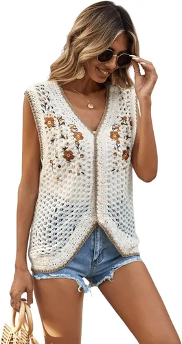Miniatura 4 de Verdusa Cárdigan de punto sin mangas con cuello en V y bordado floral para mujer