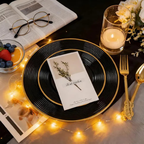 Miniatura 4 de Liacere 100 platos de plástico negro, platos desechables resistentes, platos negros y dorados, incluye platos para cena/postre para bodas, fiestas