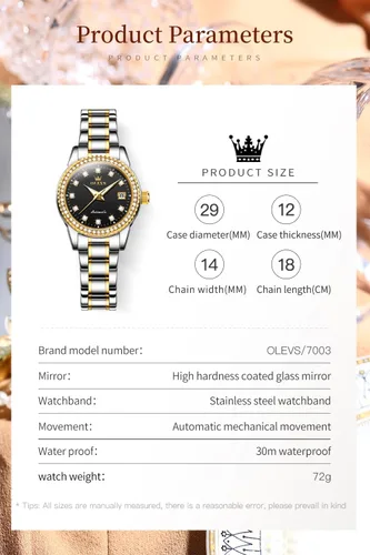 Miniatura 5 de OLEVS Reloj de pulsera de acero inoxidable original de acero inoxidable para mujer, mecánico automático, de lujo, color dorado