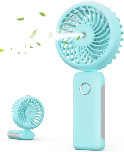 Ventilador de nebulización portátil de mano, recargable por USB, plegable con tanque de agua, 3 velocidades, para viajes y exteriores (azul)