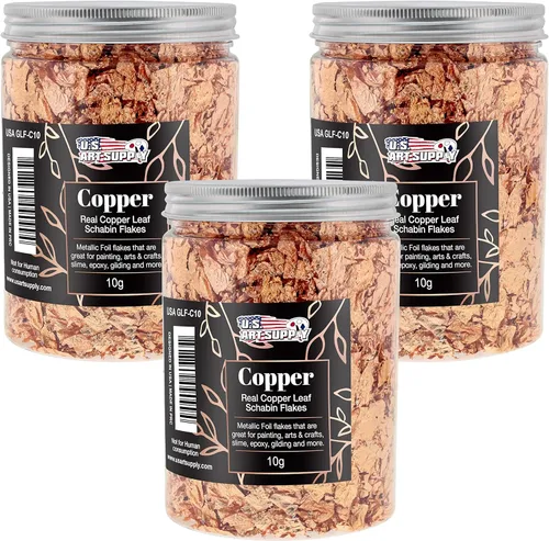 U.S. Art Supply Schabin - Copos dorados de lámina metálica (paquete de 3), botellas de cobre de imitación de 0.45 oz (10 g), copos de hoja de metal