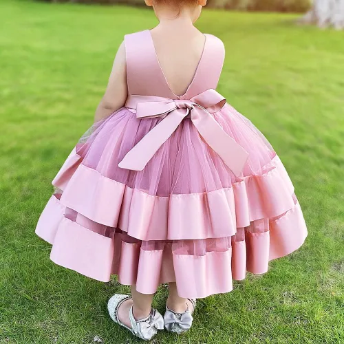 Miniatura 4 de 3M-6T Vestido de Concurso con Volantes de Encaje sin Espalda para Bebé Niña Vestido Tutú para Niña Pequeña Vestidos de Fiesta de Tul con Flores