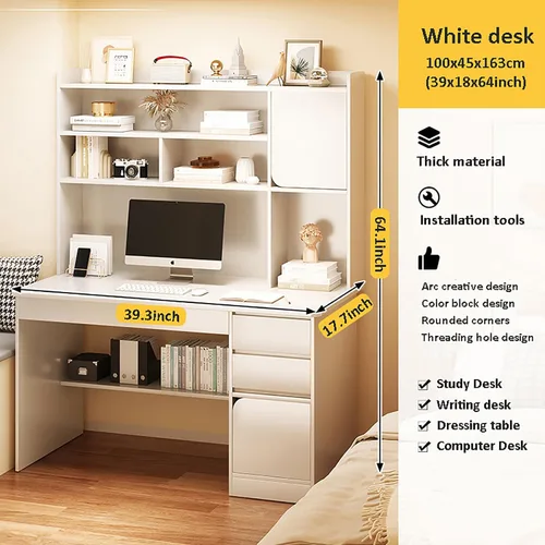 Miniatura 7 de HM&DX Escritorio para computadora de oficina en casa con gabinete, escritorio de estudio de madera con cajones, muebles modernos de madera