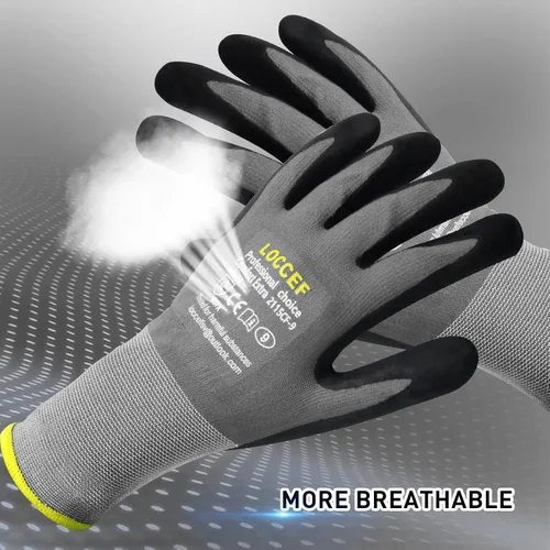 Miniatura 7 de LOCCEF Guantes de trabajo de seguridad con revestimiento de nitrilo de microespuma - 6 pares, nylon sin costuras de resistencia, puntos en la palma