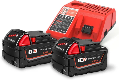 Worthmah Paquete de 2 baterías de 5.0Ah 18V y cargador de repuesto para batería Milwaukee M18 48-11-1850, compatible con cargador de batería m18