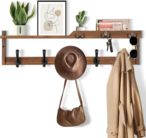 Miniatura 8 de dreampossible Perchero de pared con estante, perchero de pared con ganchos para llaves y soporte para correo, estante flotante de entrada de madera