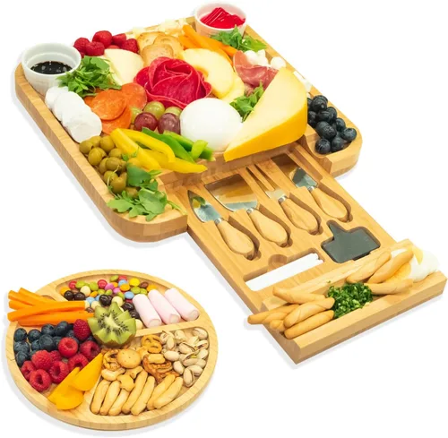 Ayeeko Tablas de queso de bambú, tabla de carne de embutidos con cajón deslizante, 4 cuchillos de acero inoxidable y cuencos de cerámica, bandeja de