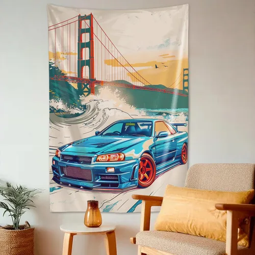 Miniatura 19 de QEOPGNE Tapiz grande para colgar en la pared, diseño de puente de puerta dorada, grandes olas, japonés, retro, Jdm, auto, R34, tapiz para 2