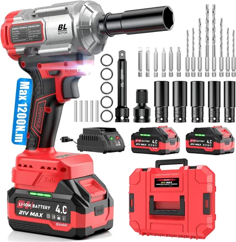 Miniatura 7 de Llave de impacto inalámbrica, 1200 Nm (900 pies-libras) Pistola de impacto sin escobillas de 1/2 pulgada, baterías de 2 x 4.0 AH motor de impacto