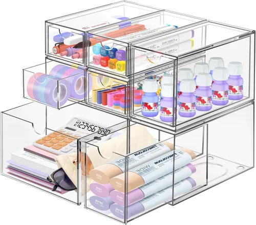 Organizador de escritorio con 7 cajones, 7 paquetes de acrílico apilable, cajones de almacenamiento de escritorio, organizador de maquillaje, caja