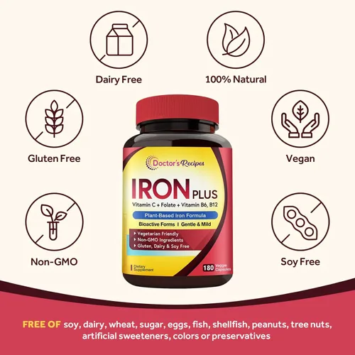 Miniatura 5 de Doctor's Recipes Suplemento de hierro para mujeres y hombres – Bisglicinato de hierro suave con vitamina C, B6, folato y B12, pastillas de hierro