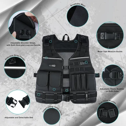Miniatura 2 de MELOTOUGH Chaleco de herramientas para hombre con bolsillos y cinturón, chaleco de seguridad ajustable de múltiples bolsillos para electricista