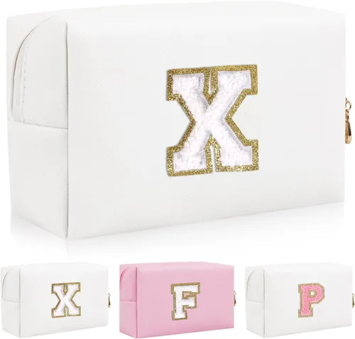 Miniatura 19 de Bolsa de maquillaje con parche de letra inicial personalizada, bolsa de cosméticos de chenilla preppy con letra de chenilla con cremallera, Y