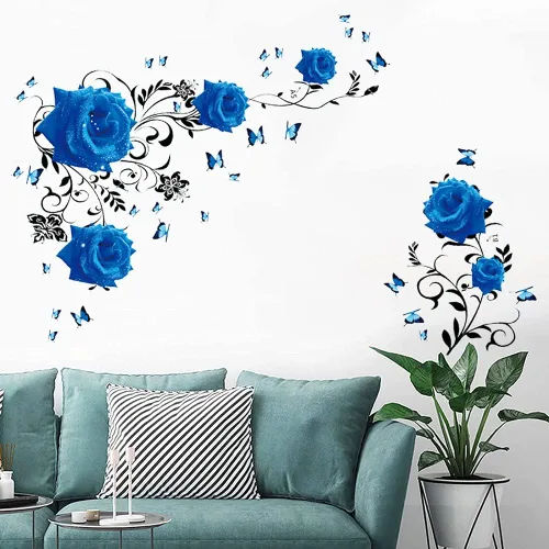 Miniatura 2 de Supzone Calcomanías de pared de rosas azules, diseño de flores y vides, decoración de pared floral de peonía azul, arte mural de vinilo