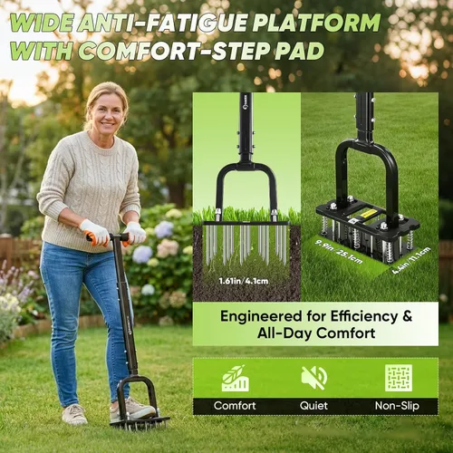 Miniatura 5 de Sakerplus Herramienta aireadora de césped, aireador de césped con púas autolimpiantes de retorno automático, almohadilla cómoda antifatiga, juntas