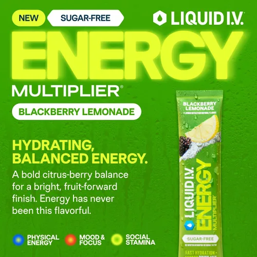 Miniatura 2 de Liquid I.V.® Multiplicador de hidratación sin azúcar + energía - Limonada de mora Mezcla de bebida con polvo de electrolitos 1 paquete