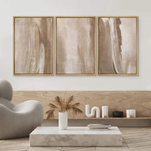 Miniatura 381 de SIGNWIN Lienzo enmarcado para pared, arte con pinceladas de flujo neutro en tonos beige abstractos, ilustraciones, arte moderno, decorativo