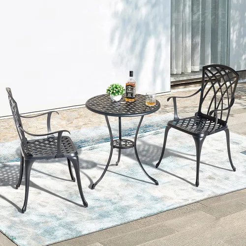 Miniatura 3 de NUU GARDEN Juego de mesa y sillas de aluminio fundido para patio, 3 piezas, con agujero para paraguas, juego de 2 unidades para patio, color negro