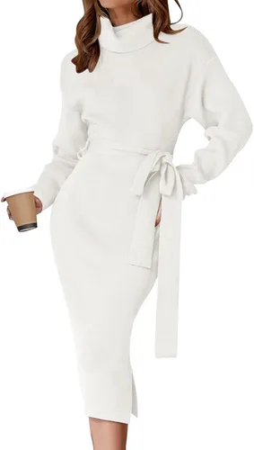 Miniatura 63 de ZESICA - Vestido por debajo de la rodilla de suéter, de cuello alto, para mujer, de manga larga, de punto acanalado, con abertura y cinturón