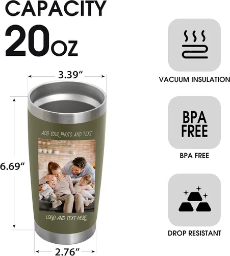 Miniatura 2 de Vaso de café personalizado de acero inoxidable, botella de agua personalizada de 20 onzas, vasos aislados con tapas y pajitas, imagen de logotipo