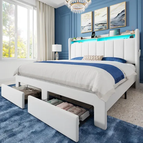 Miniatura 15 de Allewie - Base de cama con plataforma de tamaño Queen, tapizada, con cabecero acolchado con botones verticales, 2 niveles de almacenamiento con Gris