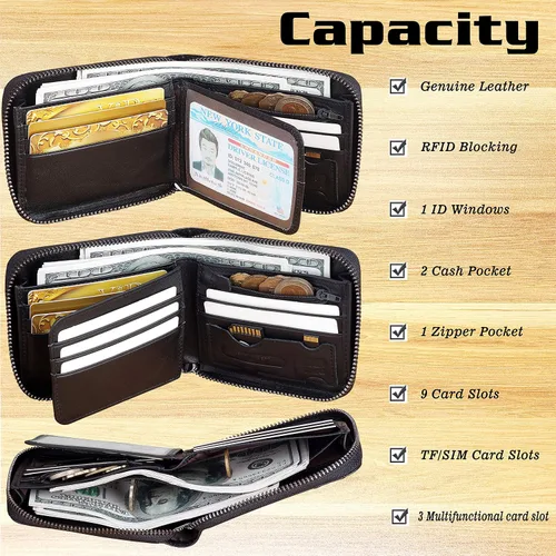 Miniatura 11 de Admetus - Cartera de piel auténtica para hombre con cremallera, plegable