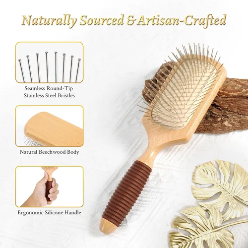 Miniatura 3 de BFWood Cepillo de pelo de paleta con cerdas de acero, cepillo de pelo de metal, ayuda al crecimiento del cabello y masaje del cuero cabelludo