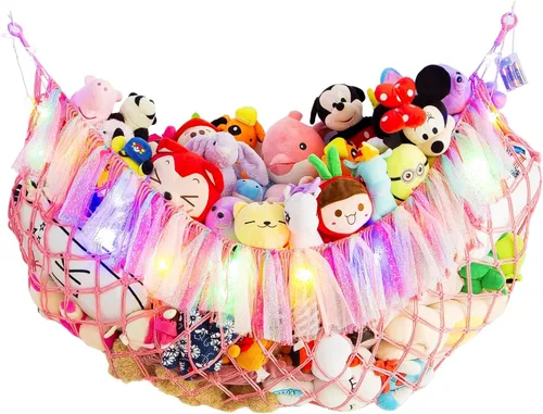 Miniatura 11 de Hamaca grande de animales de peluche con luz montada en la pared, hamaca Squishmallow de peluches, organizador de juguetes, hamaca de macramé