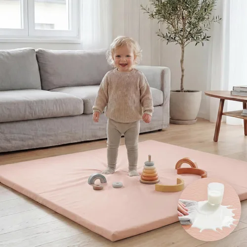 Miniatura 13 de Huloo Sleep Tapete de juego para bebé de 47 x 47 pulgadas, acolchado impermeable de 1.3 pulgadas de grosor, tapete para corral de juegos con cuero