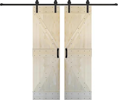 Miniatura 38 de Serie K de 60 x 84 pulgadas (30 x 84 pulgadas x 2 paneles) Puerta corredera clásica de madera maciza con acabado de nogal con riel de herrajes