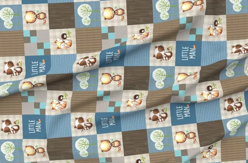 Miniatura 4 de Spoonflower Tela - Edredón de retazos de hombre pequeño del bosque con diseño de oso mapache y zorro crema azul y marrón impreso en tela de gasa